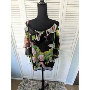 New York & Company Top Womens sz S Exotic Botanical Multi Cold Shoulder Sheer
